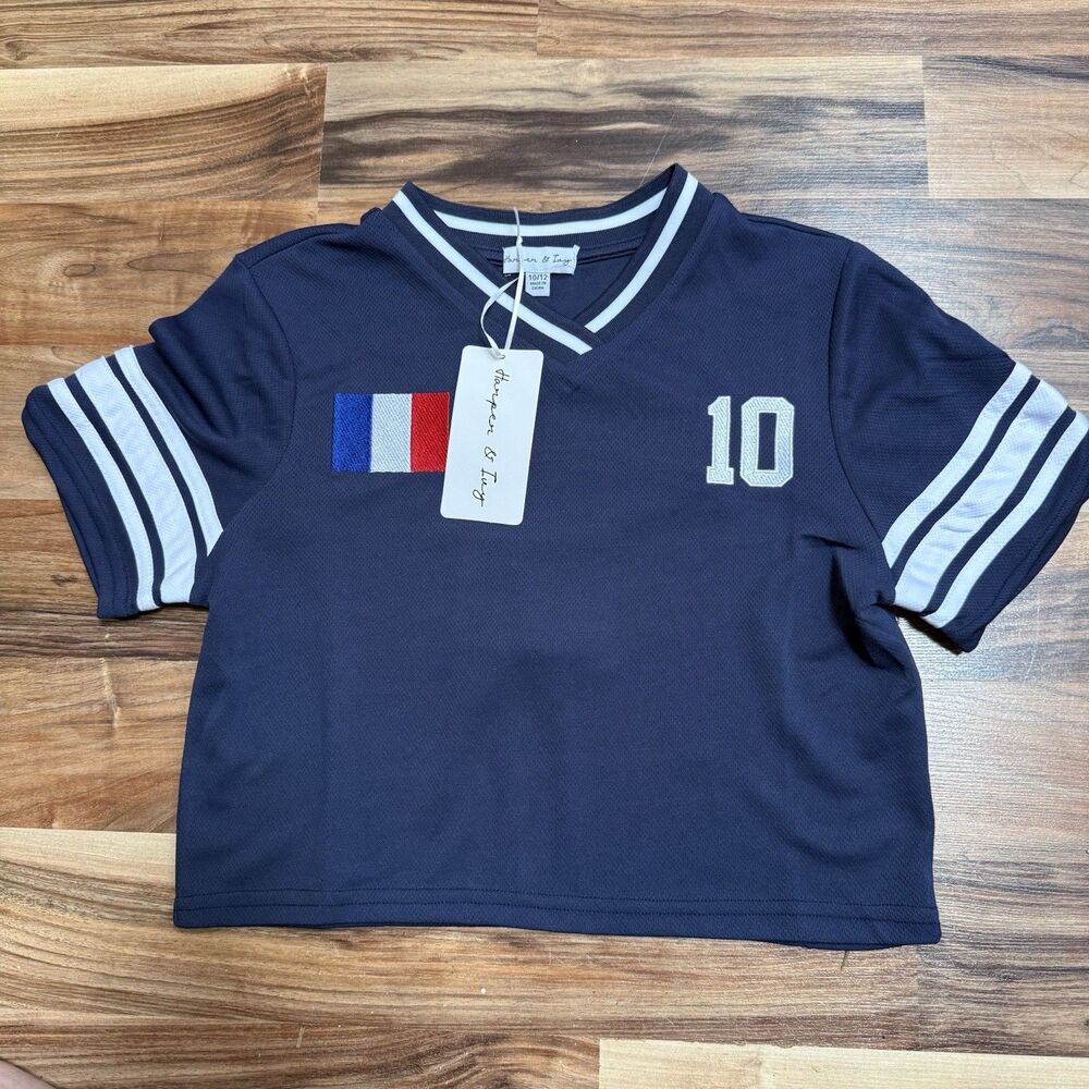 Harper & Ivy Girls France Soccer Jersey 10/12 Blue Polyester Embroidered Crop